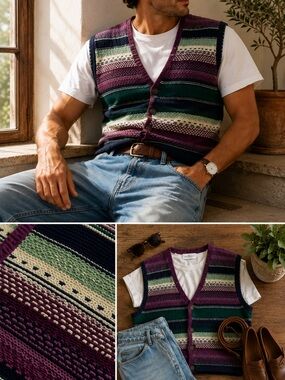 Vintage Knit Sweater Vest Men’s Medium 90s Striped Grandpa Core Coastal Preppy